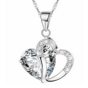 White Crystal Double Heart Necklace S925 Sterling Silver Plated